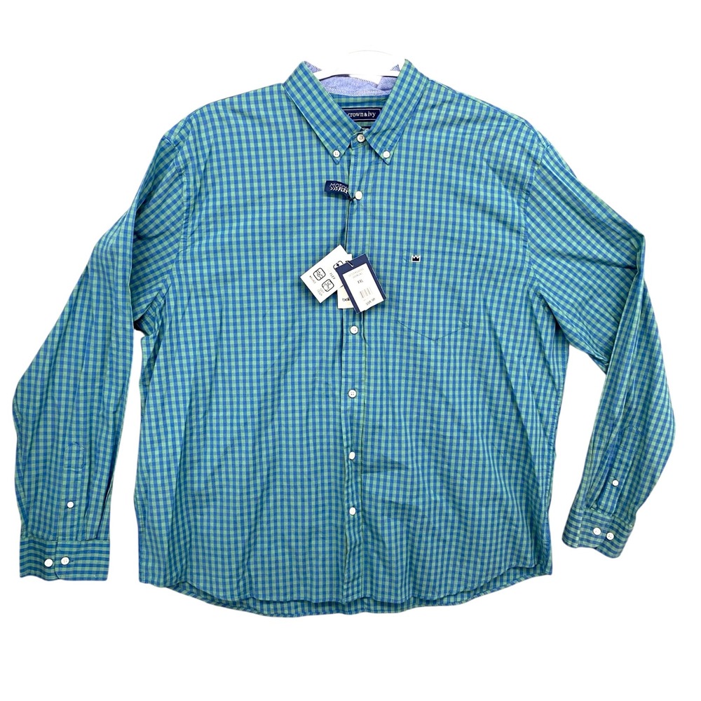 Crown & Ivy Mens XXL Green Blue Gingham Motion Flex Classic‎ Fit Shirt NWT